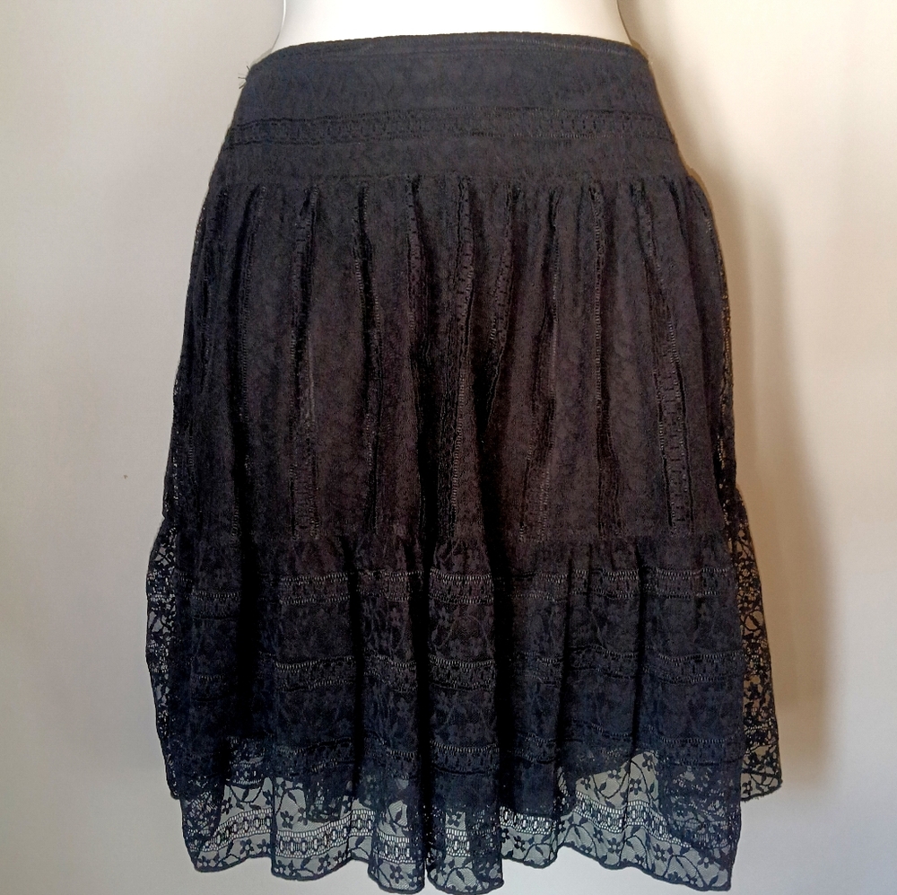 Black Floral Lace Tiered Semi-Sheer Mini Skirt